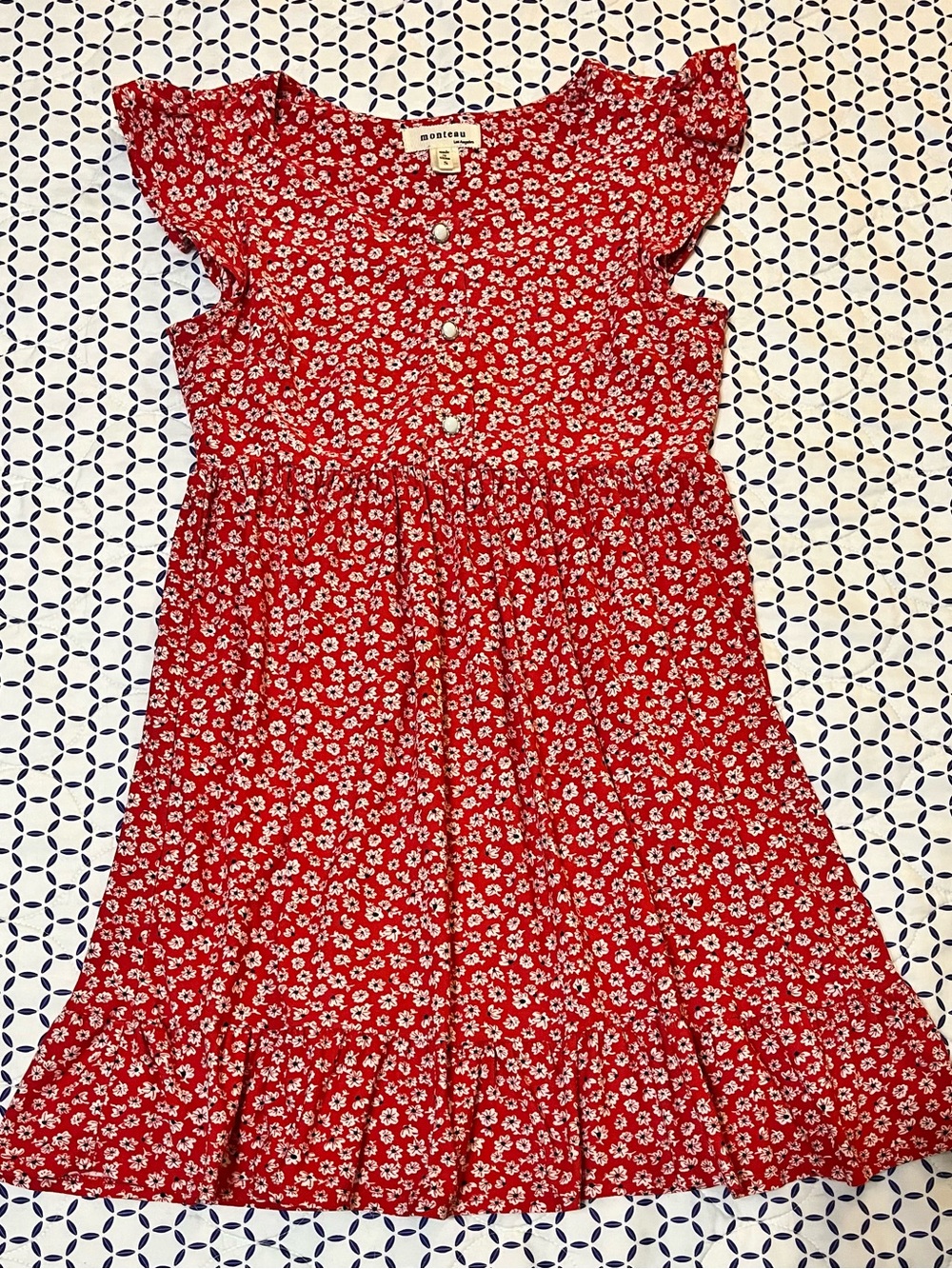 Monteau Womens S Red Floral Dress Flutter Sleeve Ruffle Hem Cottagecore Midi